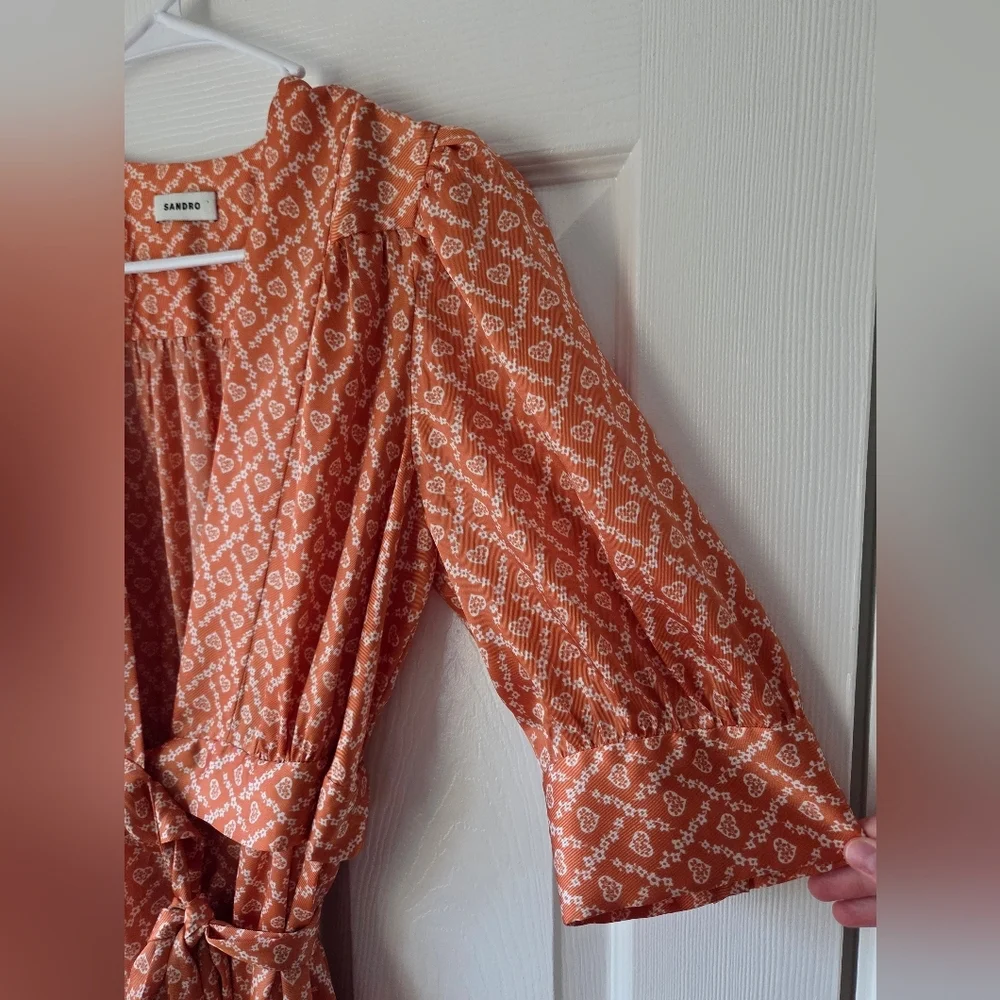 SANDRO Enrika Puff Sleeve Wrap Dress S Heart Print Orange $415 Romantic Luxury - Picture 12 of 12